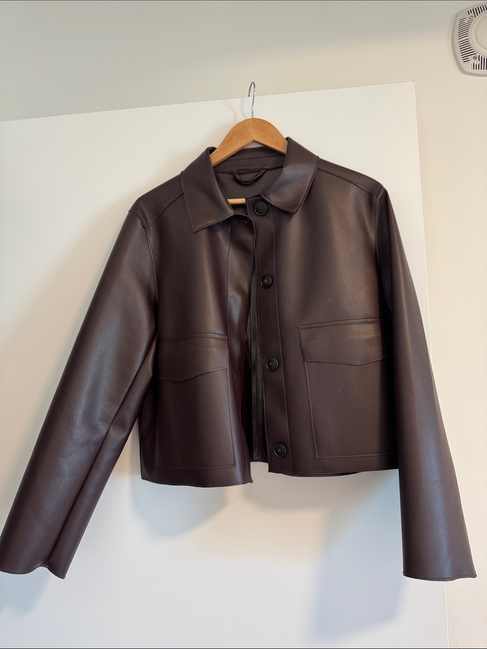 Zara Dark Brown Faux Leather Cropped Button Jacket